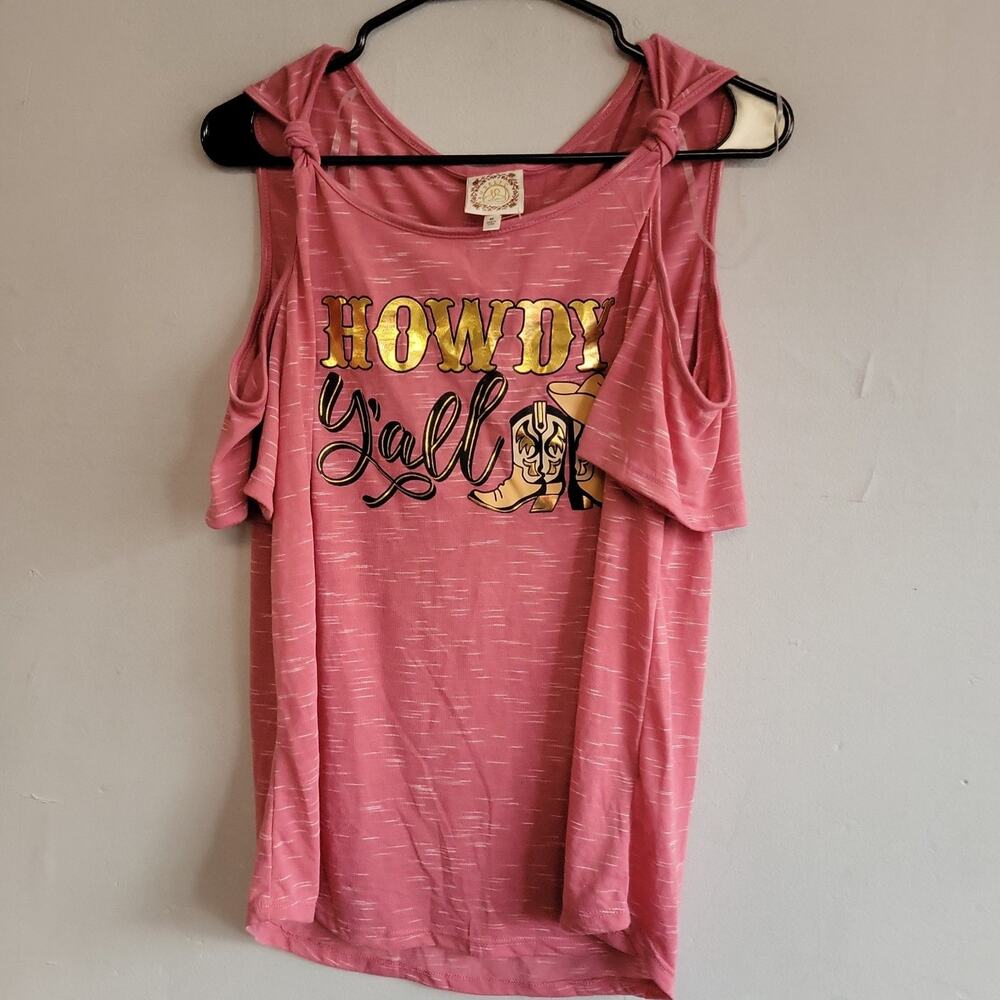 NEW womens medium cold shoulder pink space dyed gold cowgirl "Howdy Ya'll" shirt
